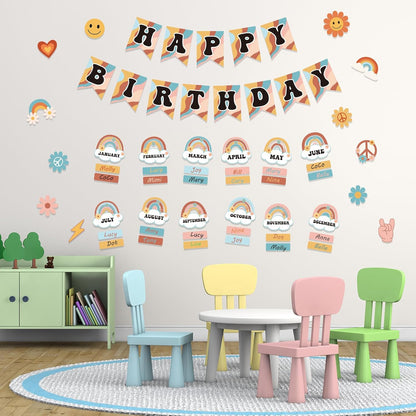 85Pcs Retro Classroom Happy Birthday Buletin Boards Set, Groovy Rainbow Theme Chart Calendar Posters with Glue Point for Kindergarten Prechool Wall Decorations