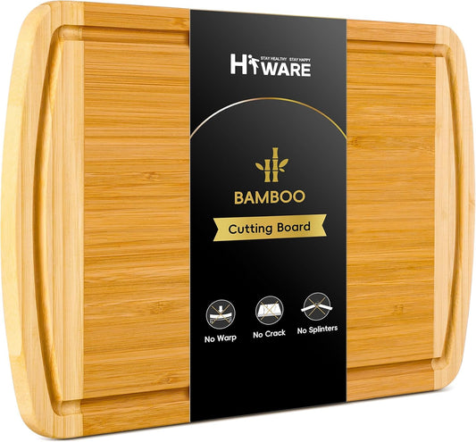 Large Wooden Cutting Board for Kitchen Meal Prep & Serving - Bamboo Cutting Boards with Juice Groove Side Handles, Charcuterie & Chopping Butcher Block - 100% Organic Bamboo, Pre Oiled, 16" X 10"