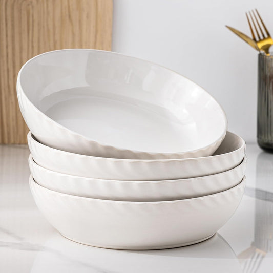 Set of 4 Large 8.5'' Stoneware Pasta and Salad Bowls, 38 Ounce Capacity with Textured Design, Ideal for Serving Pasta, Fruit, Stews, and Noodles, Perfect Housewarming Gift