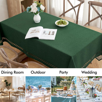 Hunter Green Thick Polyester Linen Rectangle Tablecloth with Decorative Cutouts, Waterproof, Stain and Wrinkle Resistant, Ideal for Christmas and Holiday Dining, 52 x 70 Inches