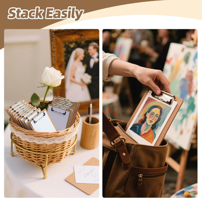 15 Pack Mini Clipboards, 6 X 9 Inches A5 Small Clipboards, Wood Hardboard Memo Size Low Profile Clip with Hang Tab for Home, Office, School Classroom Supplies, Brown