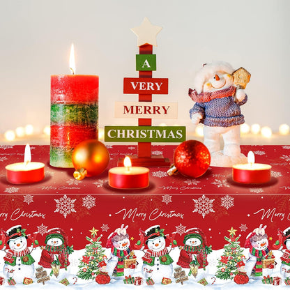 1Pcs Christmas Snowman Tablecloth,Plastic Christmas Snowman Snowflake Winter Table Cover with Xmas Tree for Winter Holiday Themed Party Decorations and Supplies,54X 108Inch（Red）