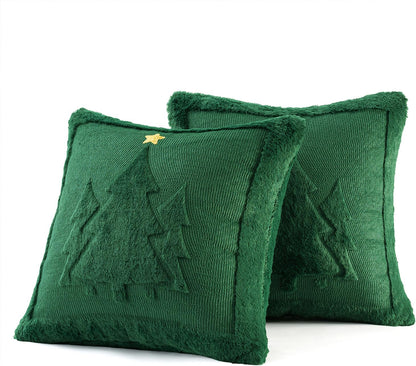Christmas Trees Pillow Covers Set of 2 Decorative Soft Throw Pillows Plush Faux Fur Wool Embroidered Couch Cushion for Holiday Winter Home Decor Chair Sofa Bedroom Living Room,Green 18X18Inch
