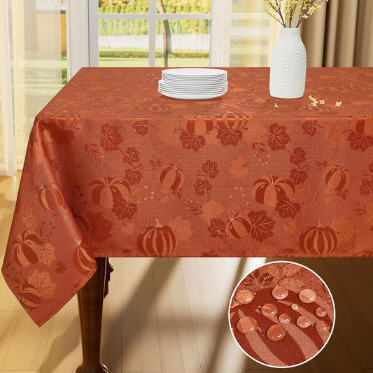 Rectangle Thanksgiving Tablecloth, 60X84 Inch Fall Waterproof Damask Table Cloth, Autumn Leaves Fabric Jacquard Table Covers for Harvest Parties, and Holiday Dinner, Terracotta/Rust