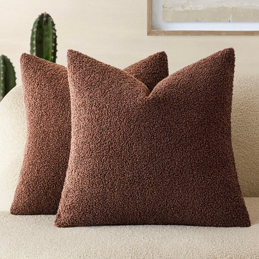 Pack of 2, Curly Faux Fur Decorative Throw Pillow Covers Soft Fuzzy Plush Cushion Case with Zipper Cozy Pillowcase for Home Living Room Couch Bed Sofa 16 X 16 Inch,Red Brown