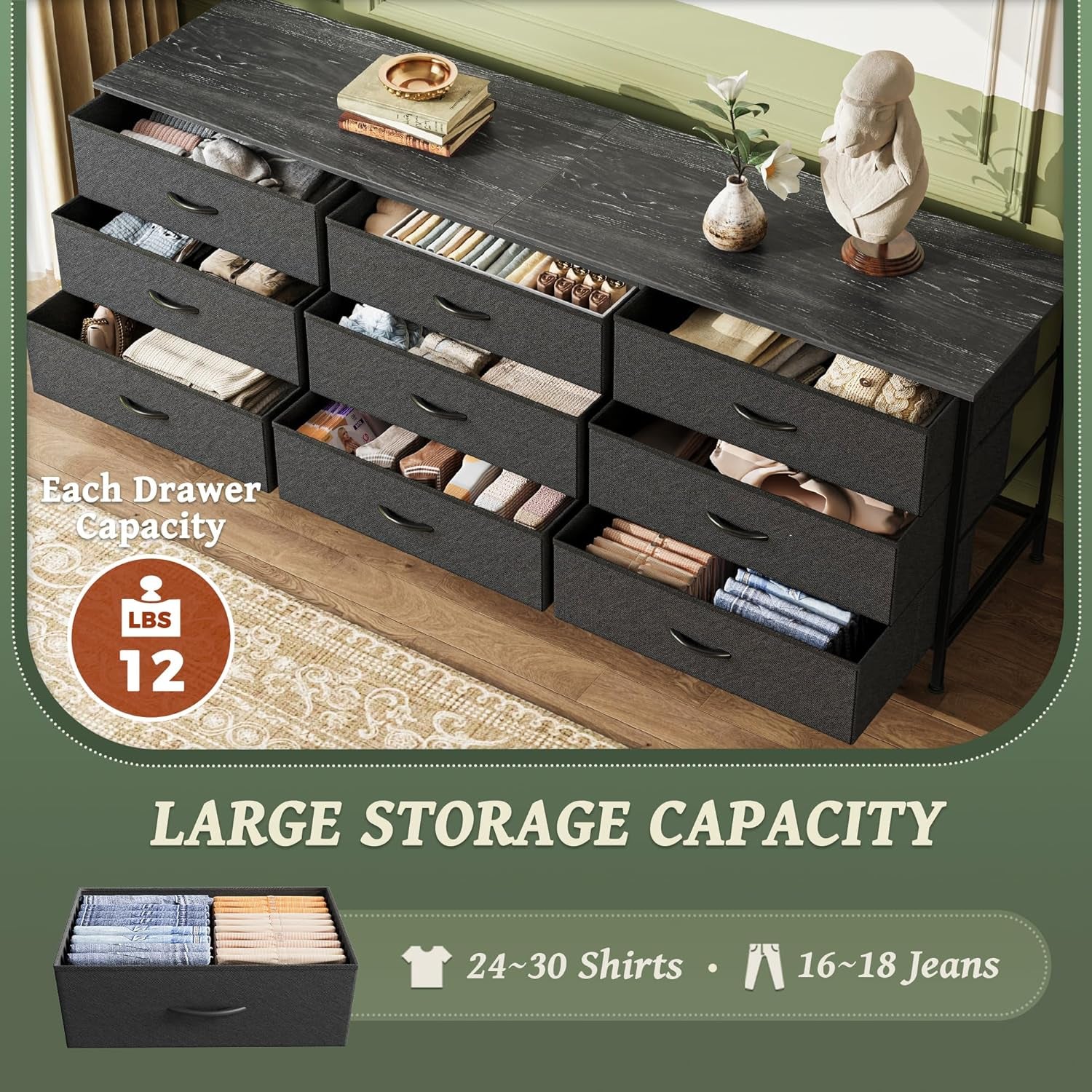 63-Inch Black Dresser and Entertainment Center with 9 Drawers, Suitable for 55 to 70 Inch TVs, Ideal for Bedroom and Closet Storage