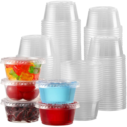 130 Sets - 2 Oz Jello Shot Cups, Small Plastic Containers with Lids, Airtight and Stackable Portion Cups, Salad Dressing Container, Dipping Sauce Cups, Condiment Cups