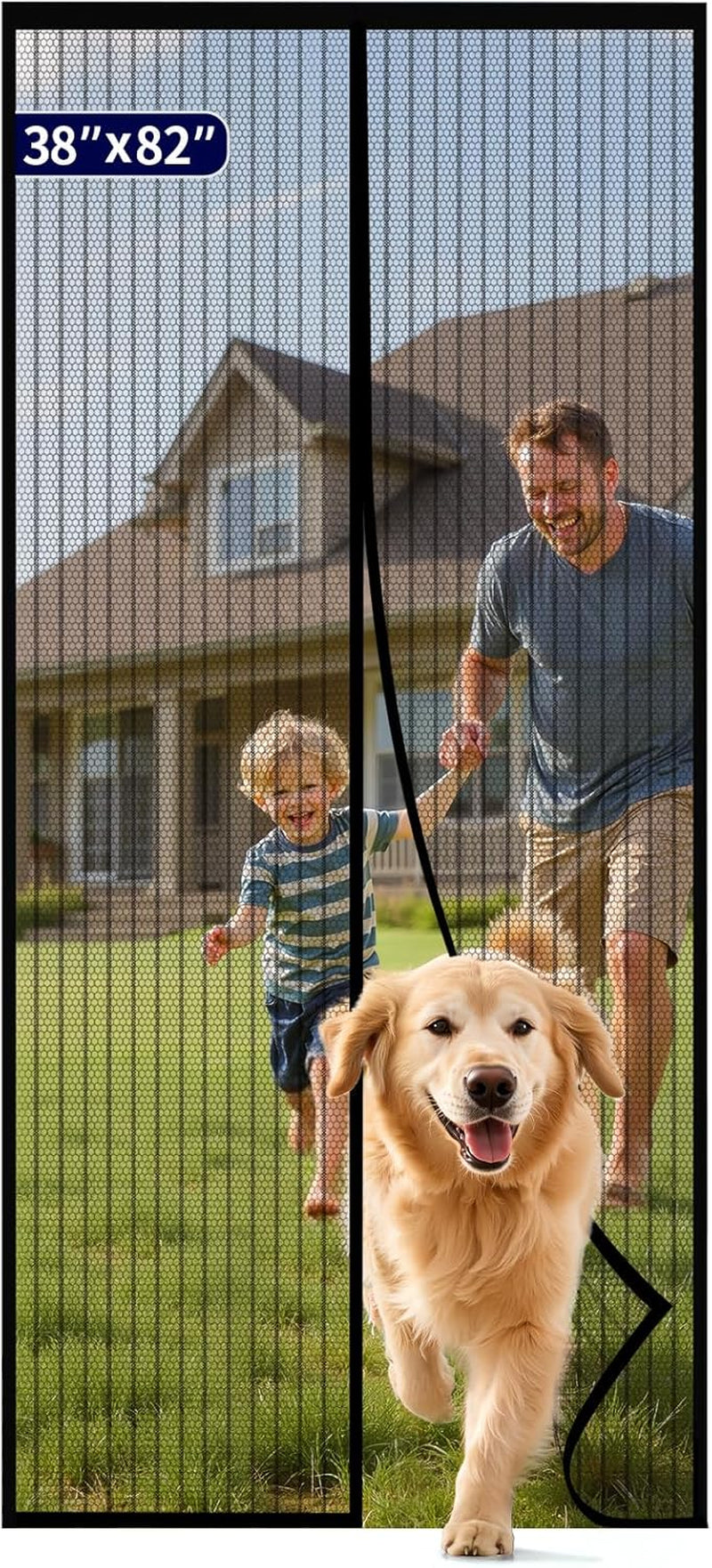 Magnetic Screen Door - 38.0 X 82.0'' Retractable Screen Door Mesh for Front Door or Sliding Door, Pet & Kid Friendly, Hands-Free Closure Keeps Bugs Out & Lets Breeze In, Stripe Black