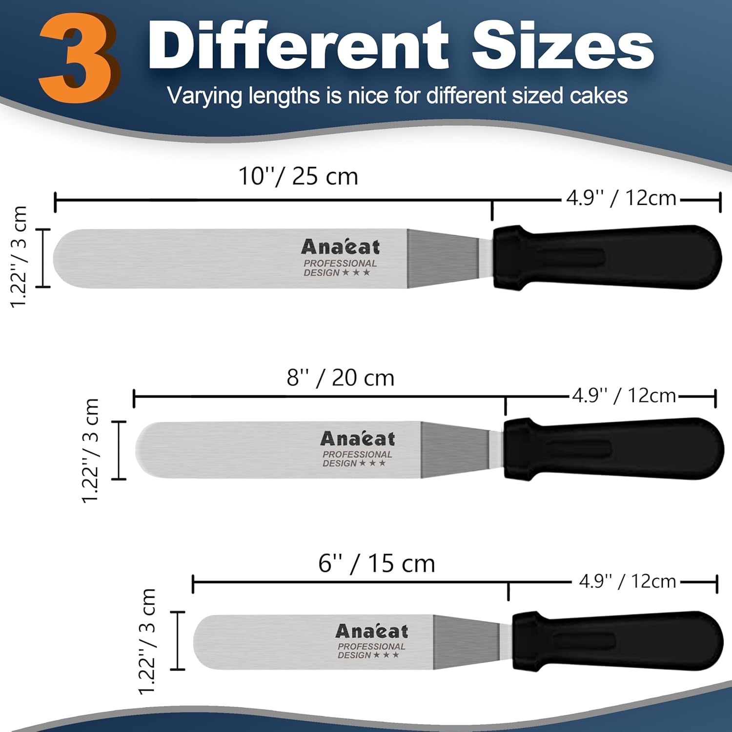 Icing Spatulas, Set of 3 Professional Cake Angled Offset Spatula with 6", 8", 10" Stainless Steel Blades - Thickened Frosting Knife with Plastic Handle for Cake Decorating, Pastry & Baking