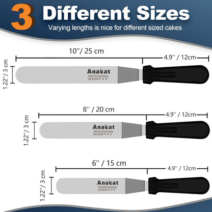 Icing Spatulas, Set of 3 Professional Cake Angled Offset Spatula with 6", 8", 10" Stainless Steel Blades - Thickened Frosting Knife with Plastic Handle for Cake Decorating, Pastry & Baking