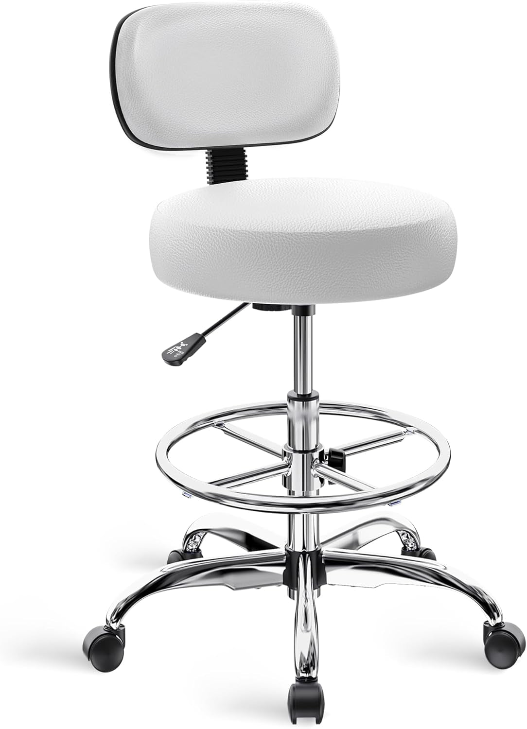 Adjustable Drafting Chair with Back Support and Foot Rest, Versatile Rolling Stool for Office, Home Bar, Kitchen, and Shop - White
