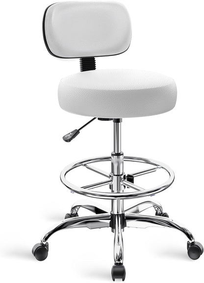 Adjustable Drafting Chair with Back Support and Foot Rest, Versatile Rolling Stool for Office, Home Bar, Kitchen, and Shop - White