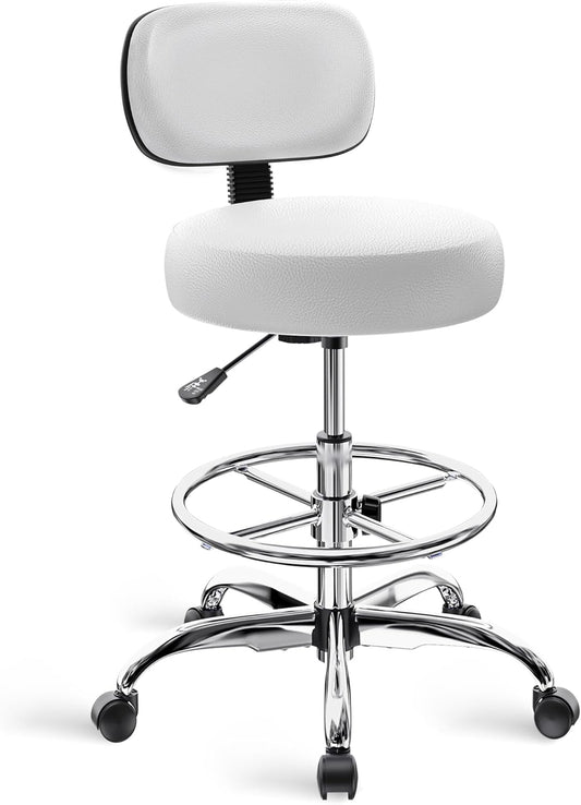 Adjustable Drafting Chair with Back Support and Foot Rest, Versatile Rolling Stool for Office, Home Bar, Kitchen, and Shop - White