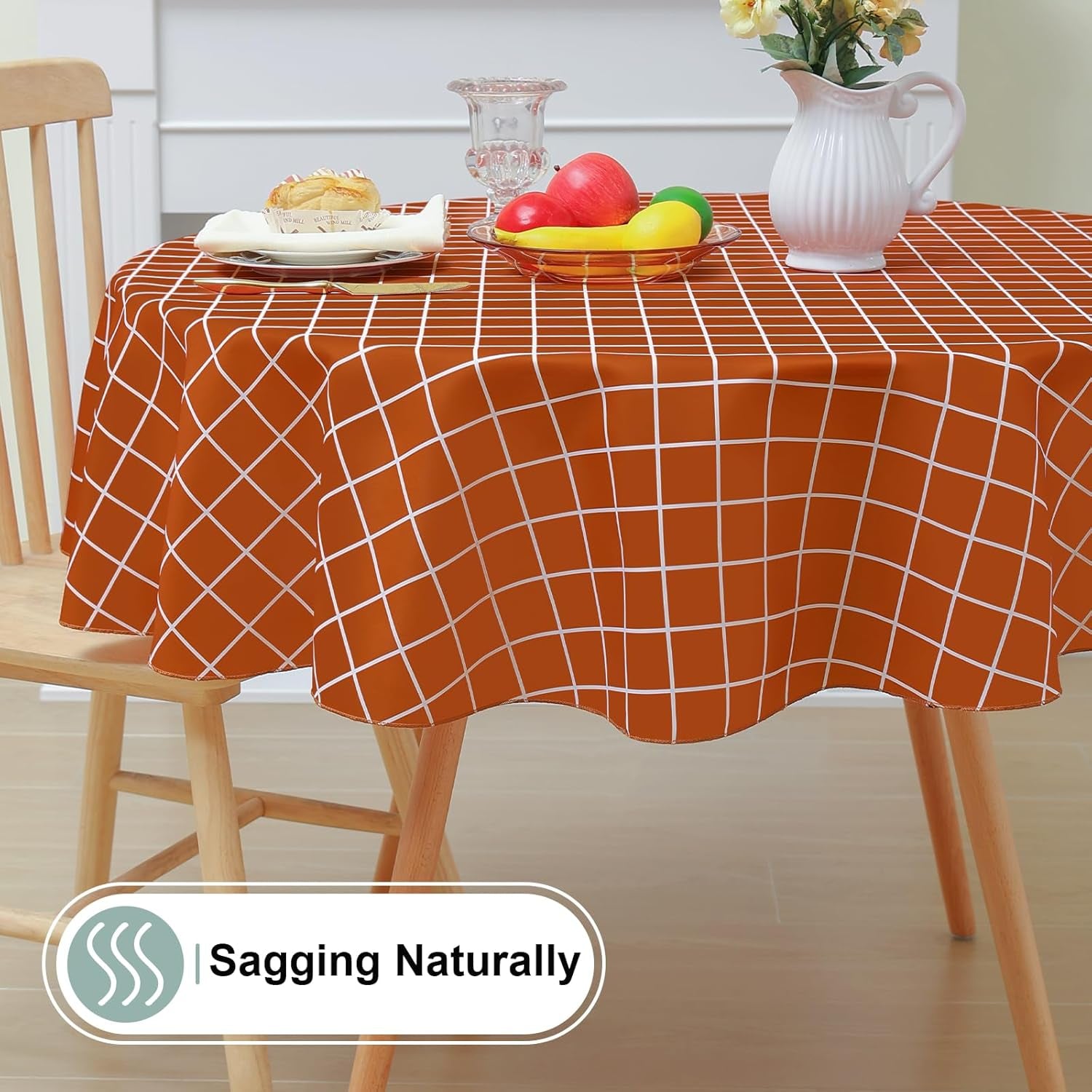 round Waterproof Fabric Table Cloth, Plaid Stain Resistant Polyester Tablecloth, Washable Cloth Table Cover for Fall Halloween Decor, Dining Room, Outdoor (60" Round, Rusty)