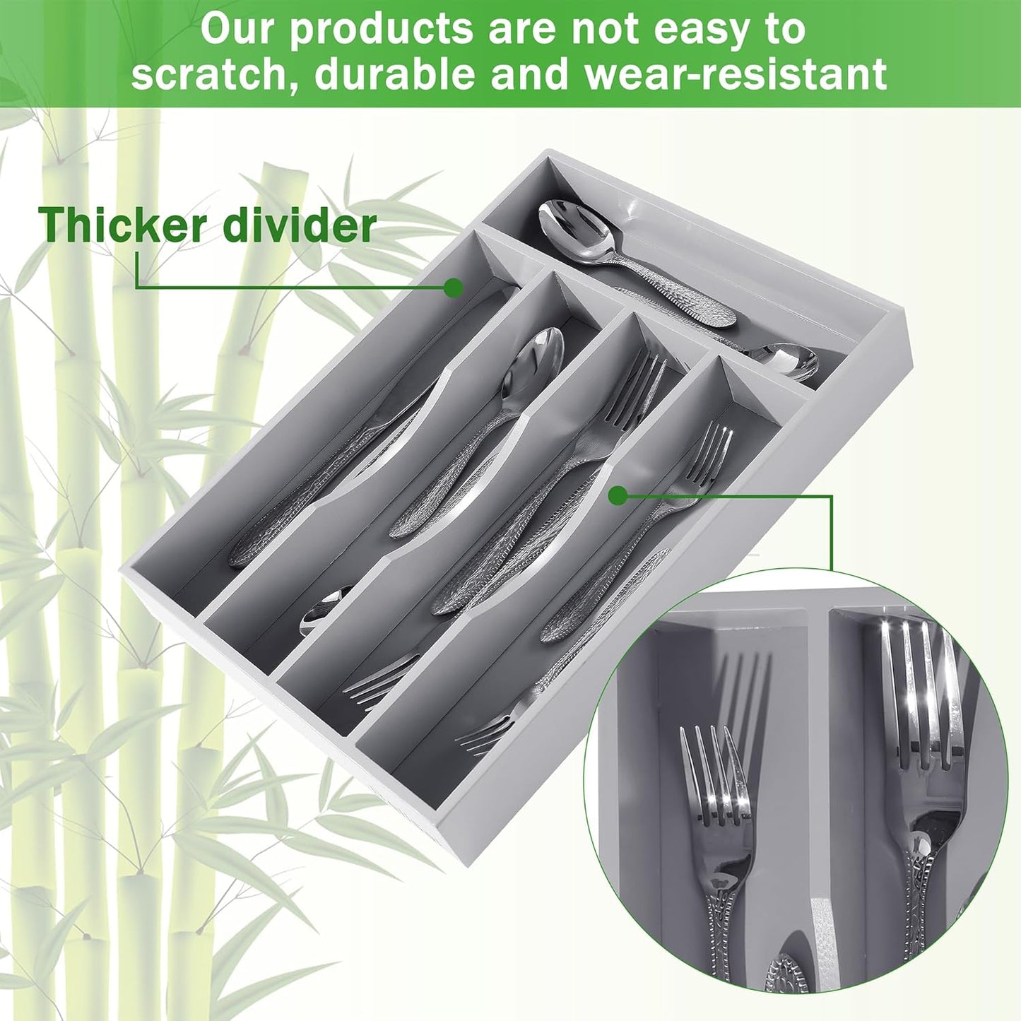 Gray Silverware Organizer 10 in Utensil Organizer Silverware Tray for Drawer Cutlery Flatware Organizer for Kitchen Bamboo Wood