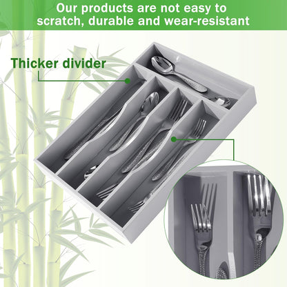 Gray Silverware Organizer 10 in Utensil Organizer Silverware Tray for Drawer Cutlery Flatware Organizer for Kitchen Bamboo Wood