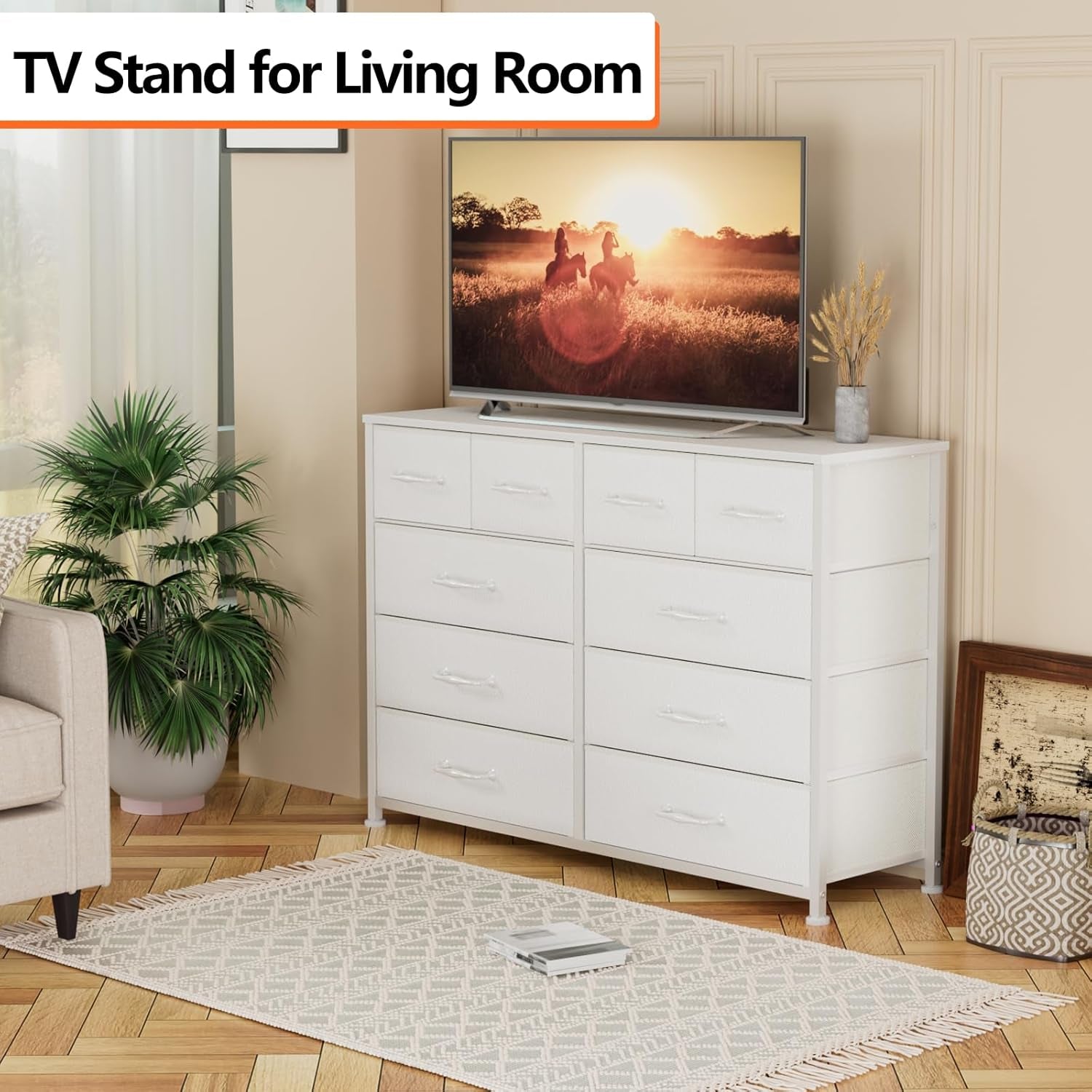 White Bedroom Dresser for 55” TV Stand - Entertainment Center with 10 Fabric Storage Drawers, Sturdy Metal Frame Tall Storage Cabinet for Living Room and Entryway