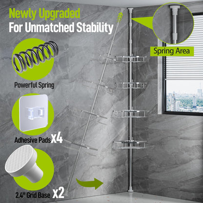 Corner Shower Caddy Tension Pole, Stainless Steel Shower Organizer, Strong Spring, 4 Adhesive Pads, 2.4" Non-Slip Grid Base, Adjustable 4-Tier Basket, 4 Hooks, Fits Heights 37.8-124", Silver