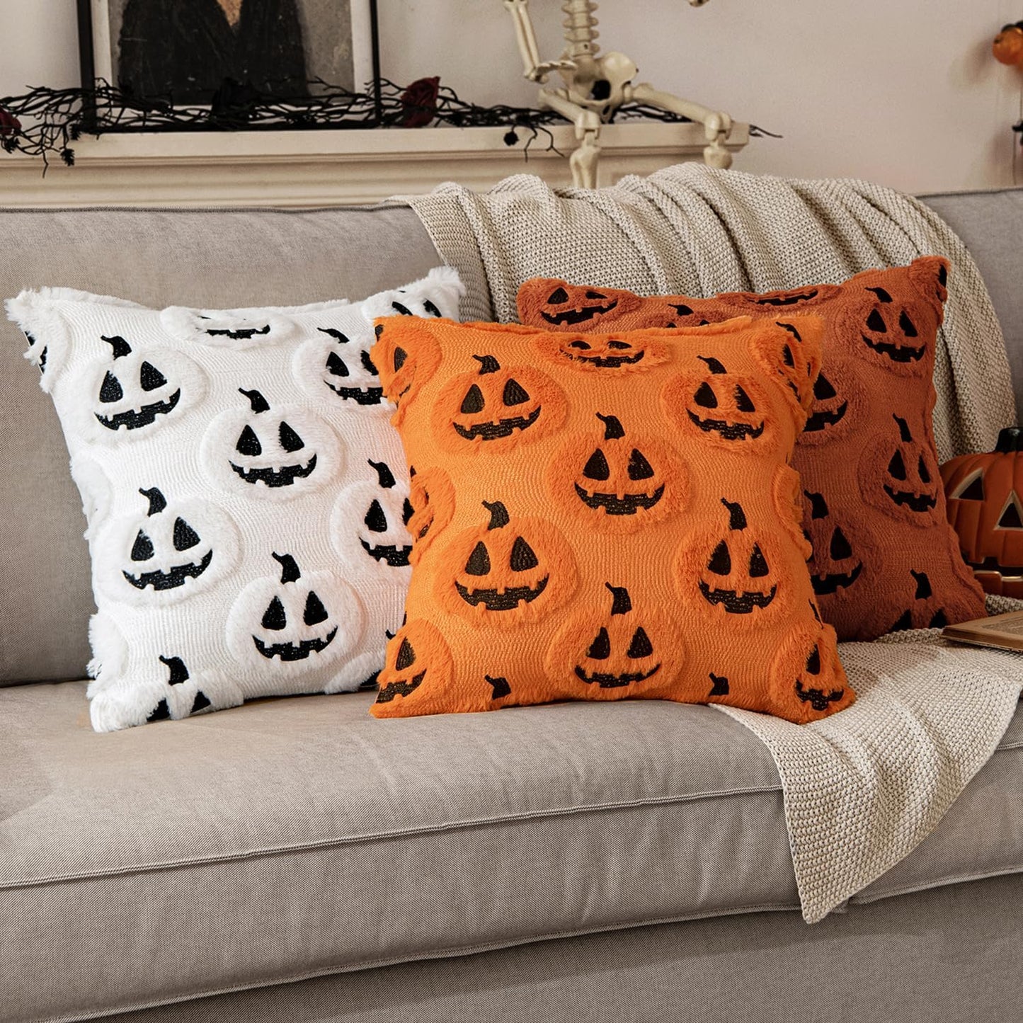 Fall Halloween Throw Pillow Covers 18X18 Decorative Pumpkin Pattern Pillowcases Soft Plush Faux Wool Cushions for Home Patio Sofa Couch,Rust