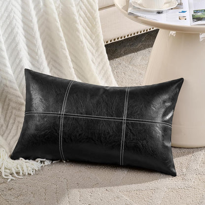 2 Packs Black Lumbar Plaid Faux Leather Decorative Throw Pillow Covers 12X20 Inch for Living Room Couch Bed Sofa, Boho Farmhouse Home Decor, Hand Stitched Rectangle Cushion Case 30X50 Cm