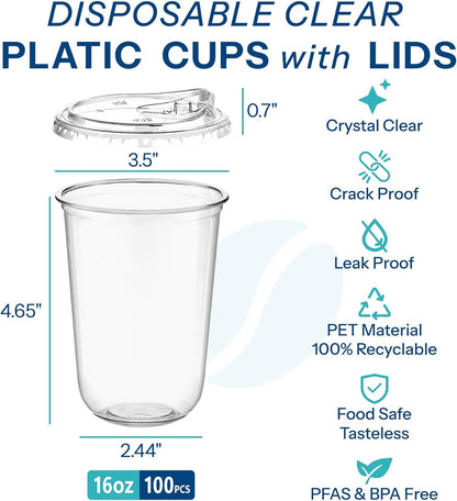 16 Oz Clear Plastic Cups with Lids (100 Pack) - Strawless Sip Lids, Leak-Proof & Bpa-Free Iced Coffee Cups - Disposable Cold Drink Cups for Smoothies, Milkshake, Parties, Events