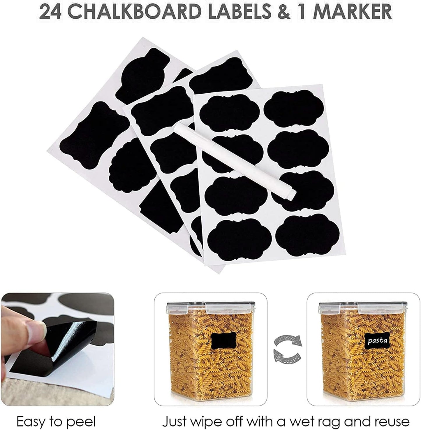 Food Storage Containers 2.5L / 84.5Oz, 4 Pieces BPA Free Plastic Airtight Canister for Flour, Sugar, Baking Supplies, with 4 Measuring Cups and 24 Labels, Black