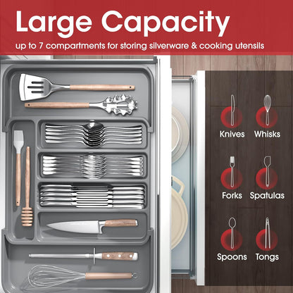 Silverware Organizer - Expandable Kitchen Drawer Organizer, Adjustable Utensil Organizer, Cutlery Tray for Forks, Knives, Multipurpose Kitchen Organizers and Storage Solution, Grey, Medium