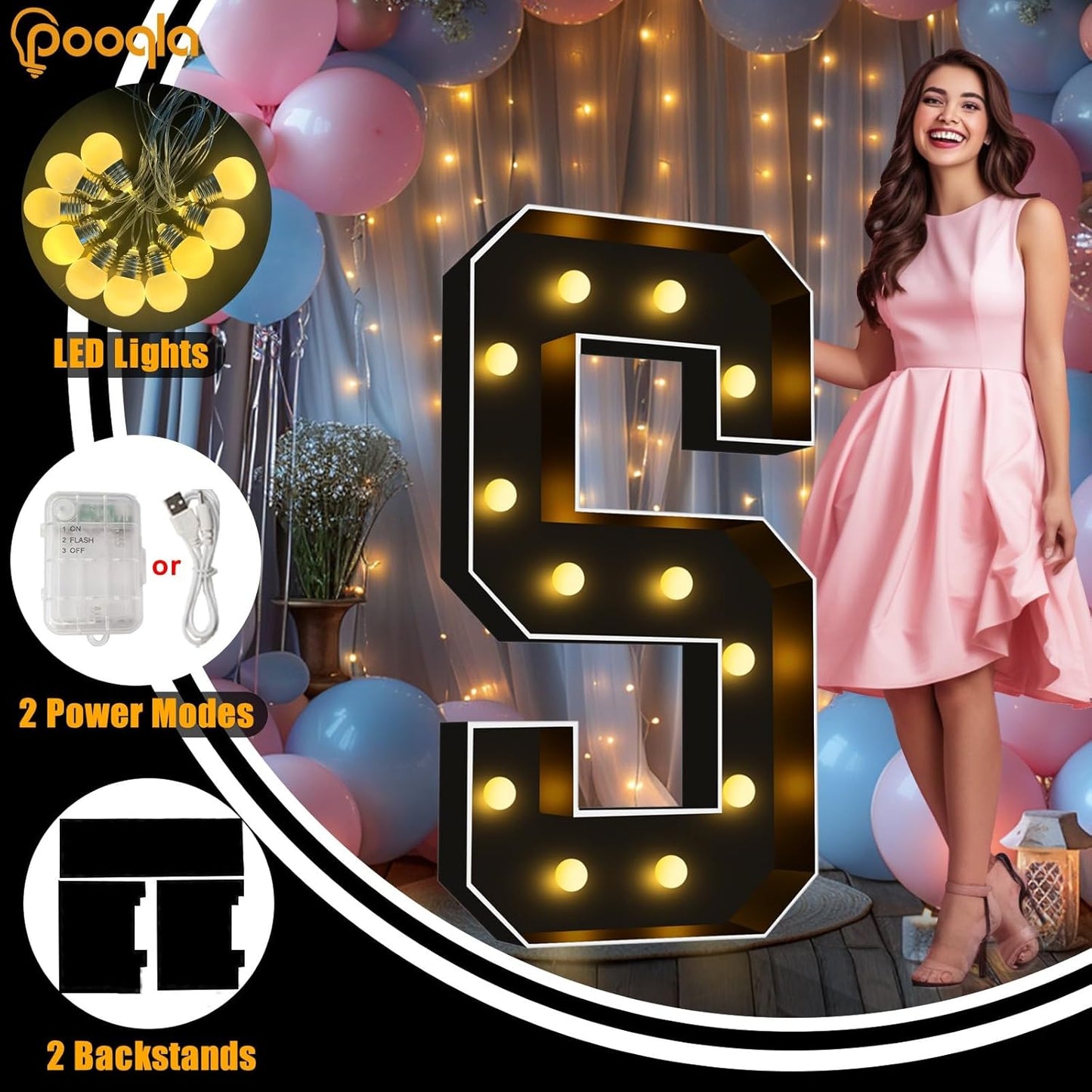 4 FT Marquee Light up Letters, Black Letter Lights 4 Feet Tall, Giant Sign Big Mosaic for Balloons Birthday Party Anniversary Wedding Decorations, Warm White S