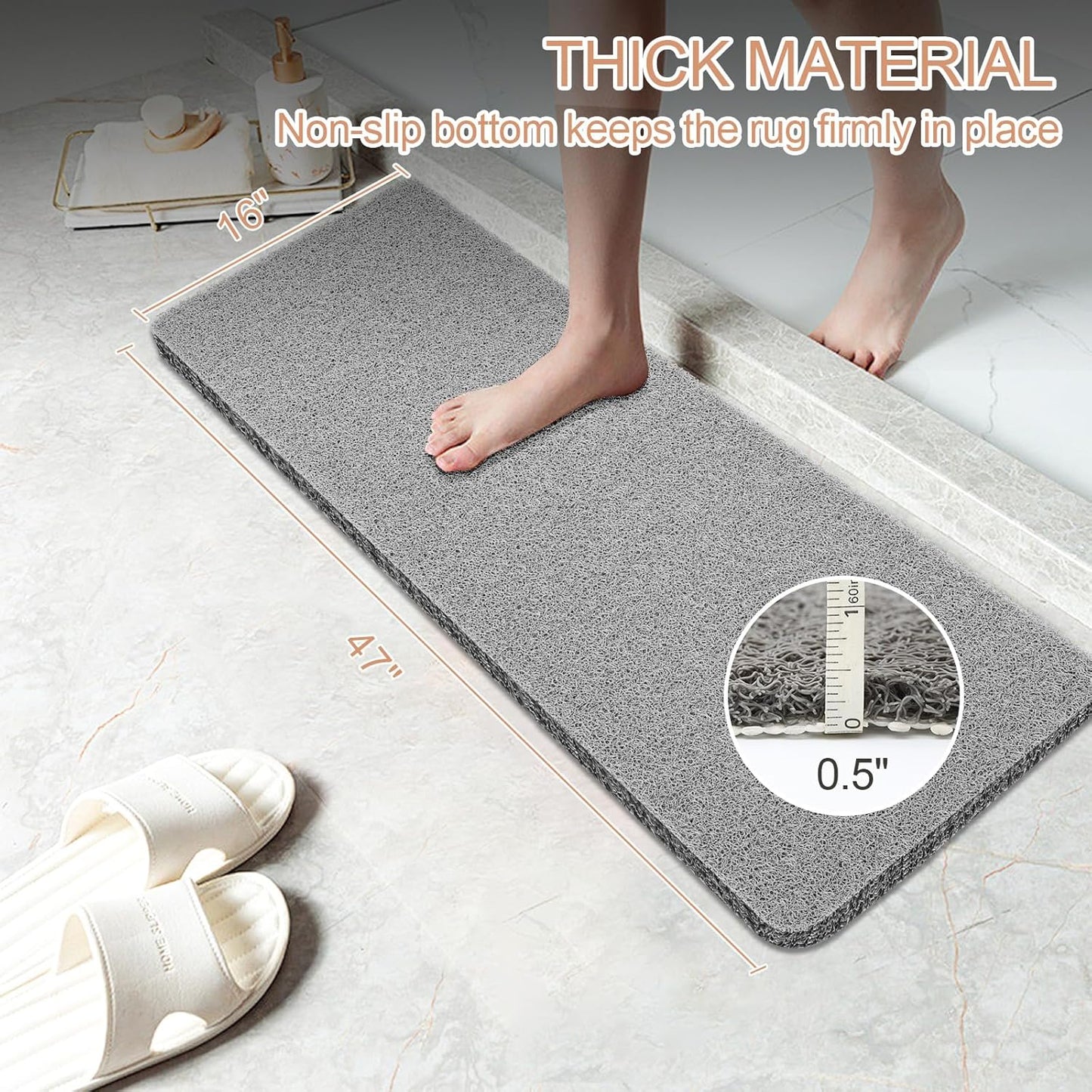 Bathtub Mat Non Slip, Bath Mat for Tub, Shower Mats for inside Shower, 16X46 Inch, PVC Loofah Bathroom Mats for Wet Areas, Quick Drying, Grey