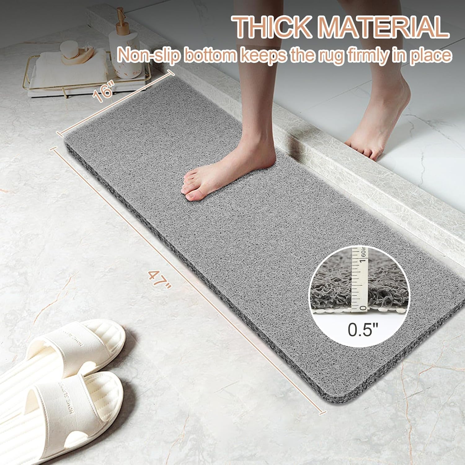 Bathtub Mat Non Slip, Bath Mat for Tub, Shower Mats for inside Shower, 16X46 Inch, PVC Loofah Bathroom Mats for Wet Areas, Quick Drying, Grey