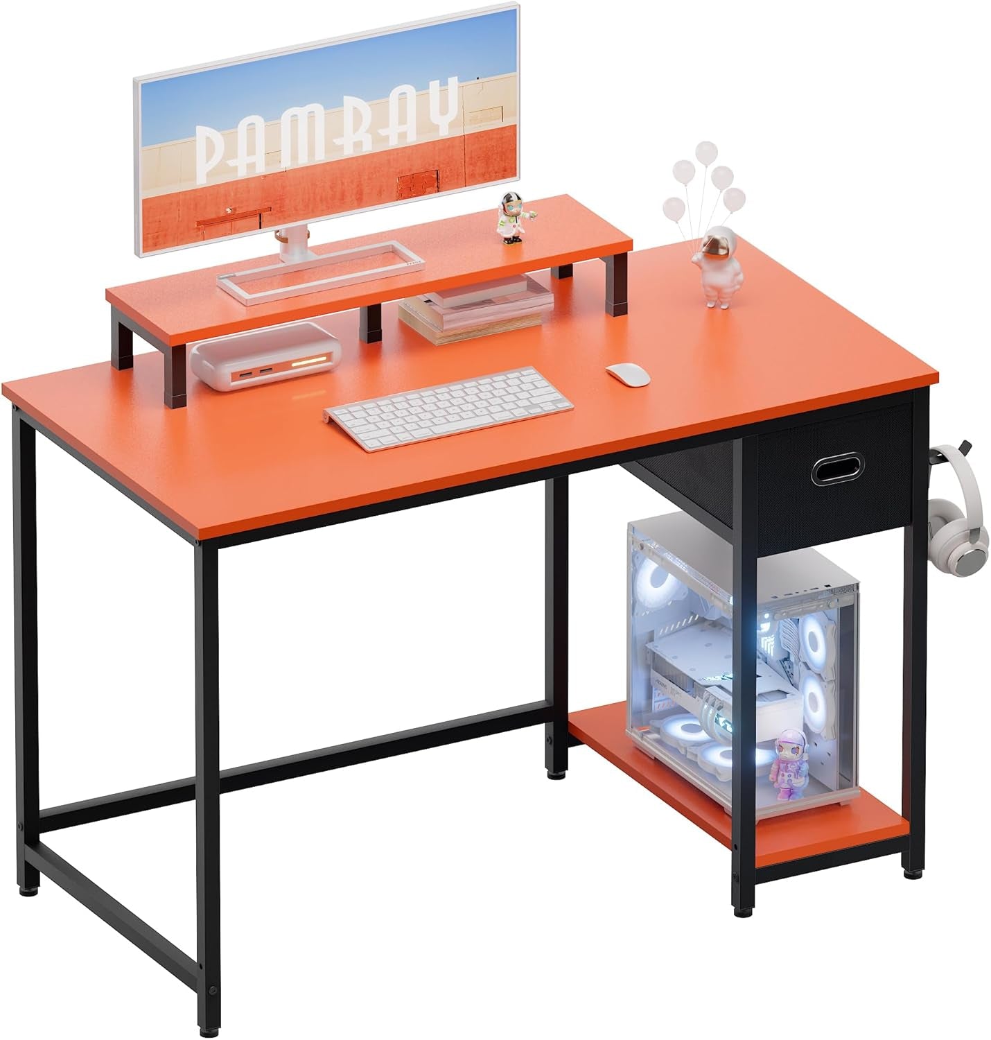 39 Inch Computer Desk with Monitor Stand Small Home Office Desks with Non-Woven Storage Drawer for Bedroom Study Table Writing and Work Desk Orange