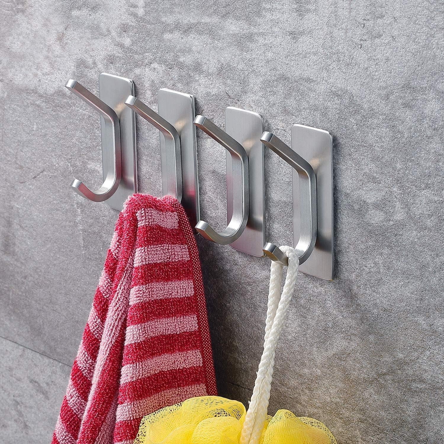 Stainless Steel Adhesive Towel Hooks - 4-Pack Wall Hooks for Coats, Robes, and Towels for Bathroom and Kitchen Use