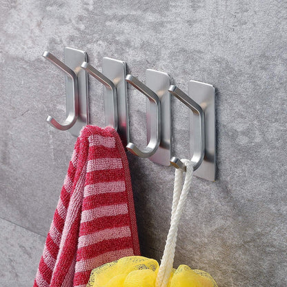 Stainless Steel Adhesive Towel Hooks - 4-Pack Wall Hooks for Coats, Robes, and Towels for Bathroom and Kitchen Use