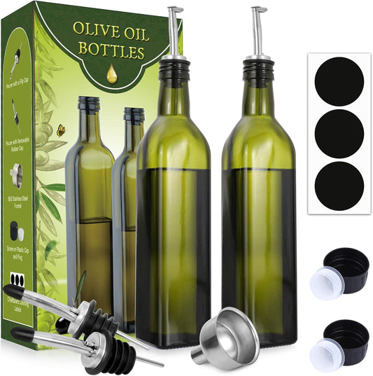 Glass Olive Oil Dispenser Bottle Set - 500Ml Dark Green Oil & Vinegar Cruet Bottle with Pourers, Funnel and Labels - Olive Oil Carafe Decanter for Kitchen, 17 Oz (Pack of 2)