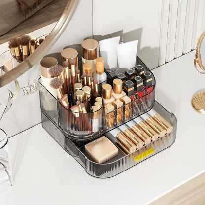 Makeup Organizer for Vanity with Stackable Drawers, 360 Rotating Makeup Brush Holder Large Cosmetic Display Case for Dresser, Bathroom Countertop Skincare Organizers and Storage, Crystal Black