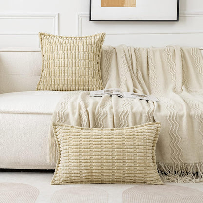 Beige Corduroy Decorative Throw Pillow Covers Pack of 2 Soft Striped Pillows Pillowcases with Broad Edge Winter Modern Boho Home Decor for Couch Sofa Bed 18X18 Inch