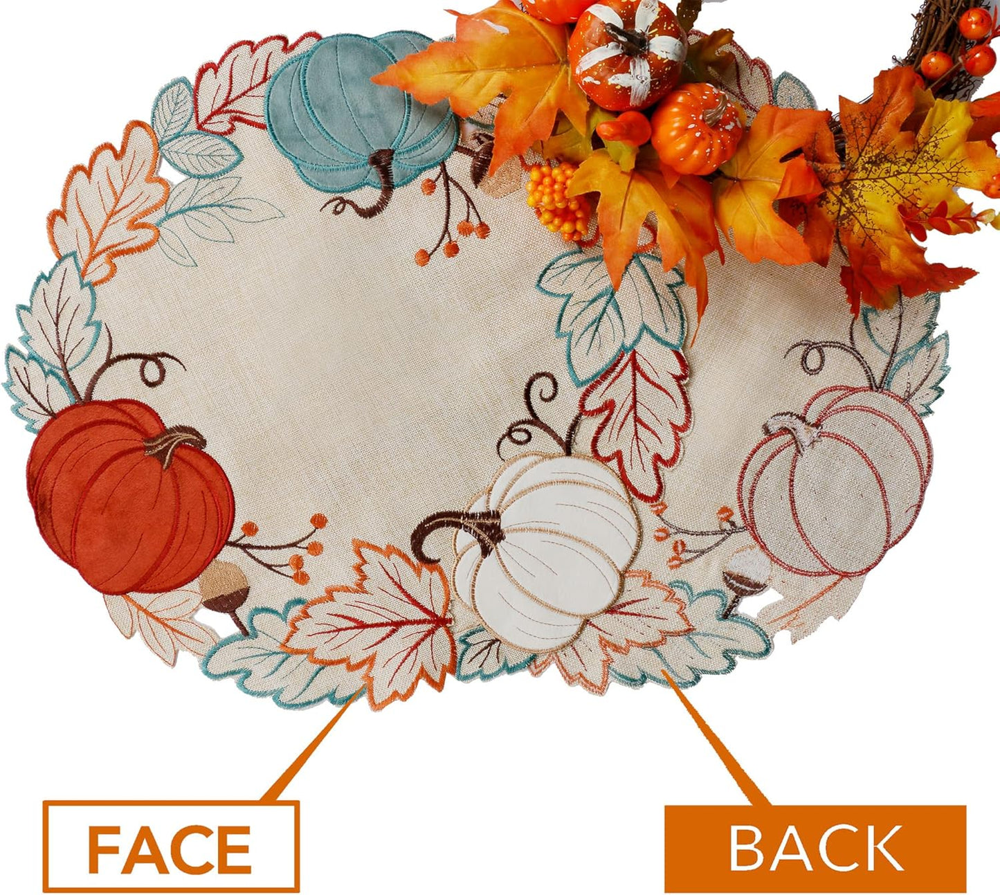 Thanksgiving Placemats Set of 4, Fall Pumpkins round Placemats, Embroidered Harvest Pumpkin Farmhouse Placemat for Dining Table, Fall Decor for Home, Halloween Table Decorations