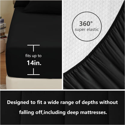 Queen Comforter Set Black 7 Pieces Bed in a Bag Black Premium Comforters Queen Size Bed Set Bedding Sets Queen with All Season Stitch Quilted Comforter, Flat Sheet, Fitted Sheet, Pillowcases