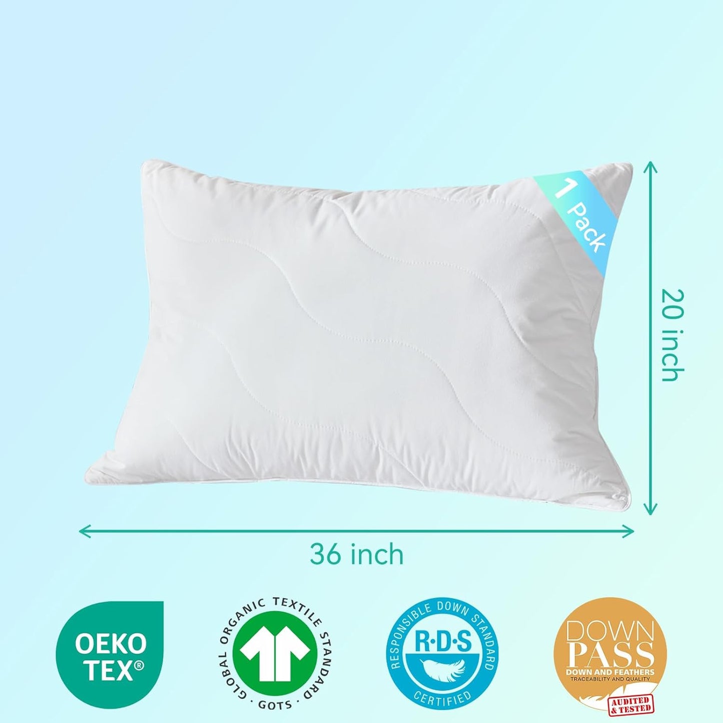 King Size White Goose Feather Down Pillow - 100% Cotton, Medium Firm, Soft Support