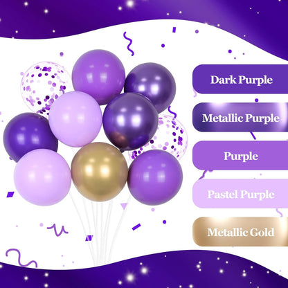 60Pcs Purple and Gold Balloons 12Inch with Dark Purple Metallic Gold Confetti Latex Balloons for Graduation Wedding Baby Shower Birthday Party Decorations