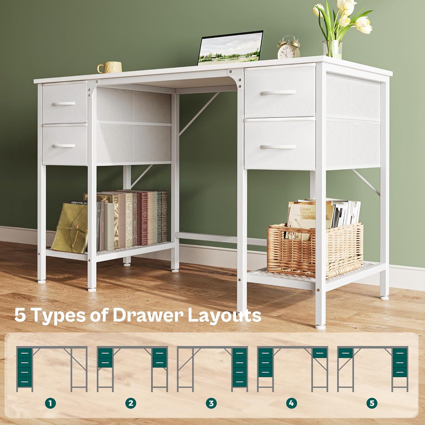 47-Inch White Desk with Four Drawers and Mesh Shelf, Versatile Study and Computer Table for Home Office and Bedroom