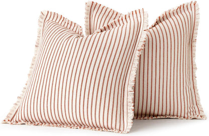 Fall Pack of 2 Rust Pillow Covers 20X20 Inch Striped Farmhouse Couch Throw Pillow Covers with Fringe Chic Linen Decorative Cushion Covers for Sofa Living Room Bed Outdoor Home Decor