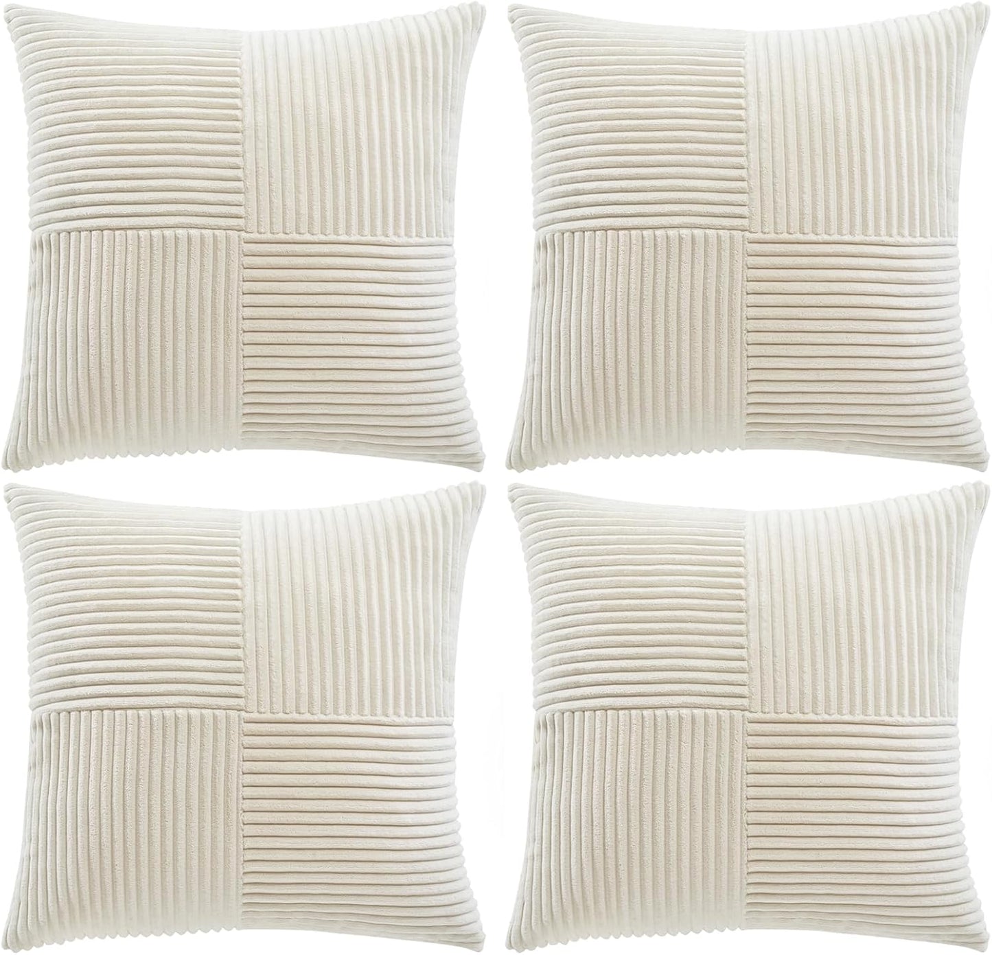 4 Packs Boho Cream Decorative Throw Pillow Covers 18X18 Inch for Living Room Couch Bed Sofa, Rustic Farmhouse Home Decor, Soft Cross Corduroy Patchwork Textured Square Cushion Case 45X45 Cm