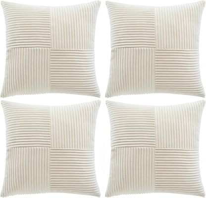 4 Packs Boho Cream Decorative Throw Pillow Covers 18X18 Inch for Living Room Couch Bed Sofa, Rustic Farmhouse Home Decor, Soft Cross Corduroy Patchwork Textured Square Cushion Case 45X45 Cm