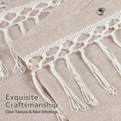 Boho Shower Curtain with Tassels Taupe, Tan Farmhouse Shower Curtain with Hooks, Faux Linen Fabric, Water-Repellent Neutral Fabric, 72X72 Inches
