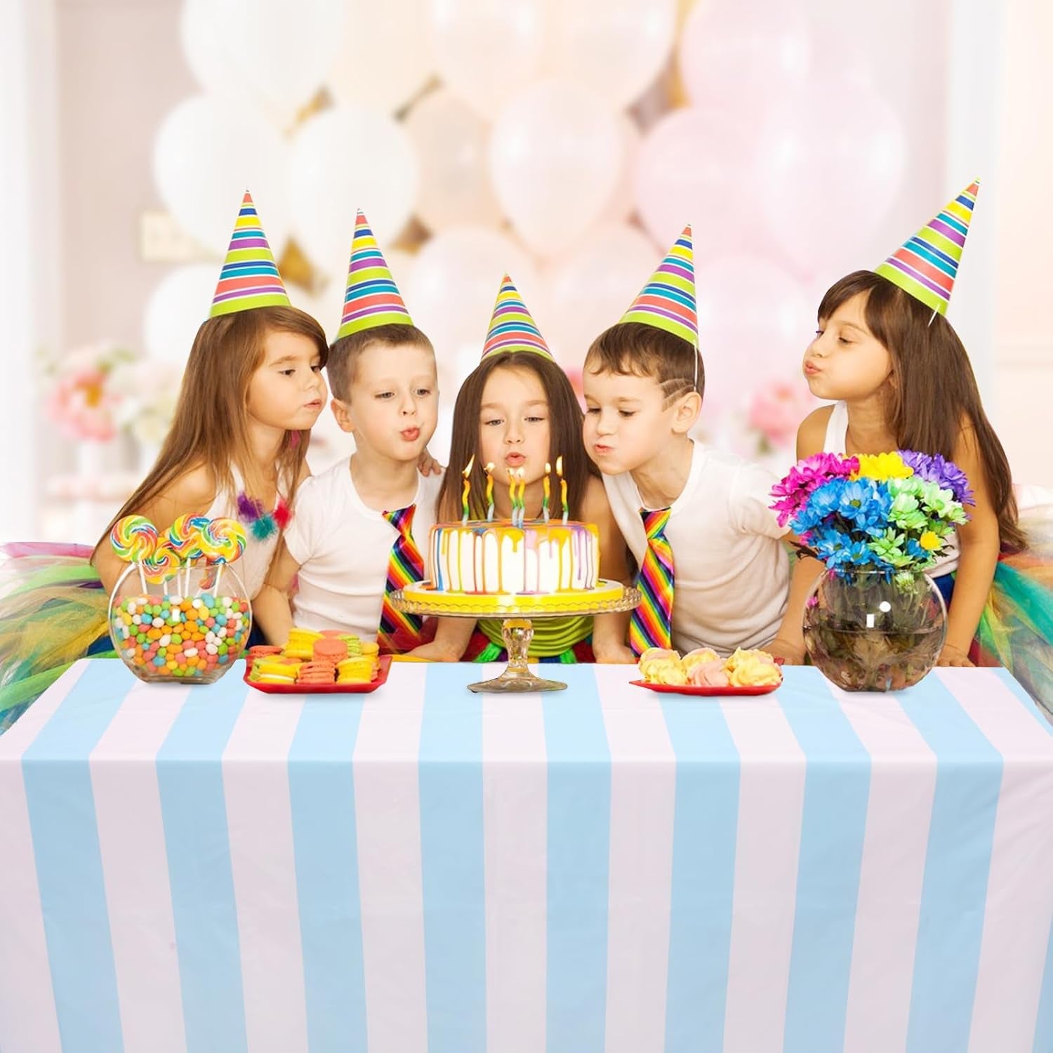 3 Packs Light Blue and White Striped Table Cloth 54 X 108 Inches Bluey Stripe Table Cover Disposable Plastic Beach Tablecloths Waterproof Rectangle Picnic Tablecover for Pool Birthday Party