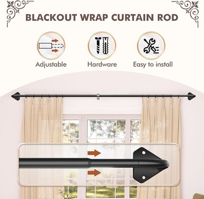 Curtain Rods, No Rust Adjustable Blackout Drapery Rods, 5/8 Inch Diameter Wrap around Curtain Pole for Windows, Ideal for Bedroom, Outdoor (28-48 Inch, Black)