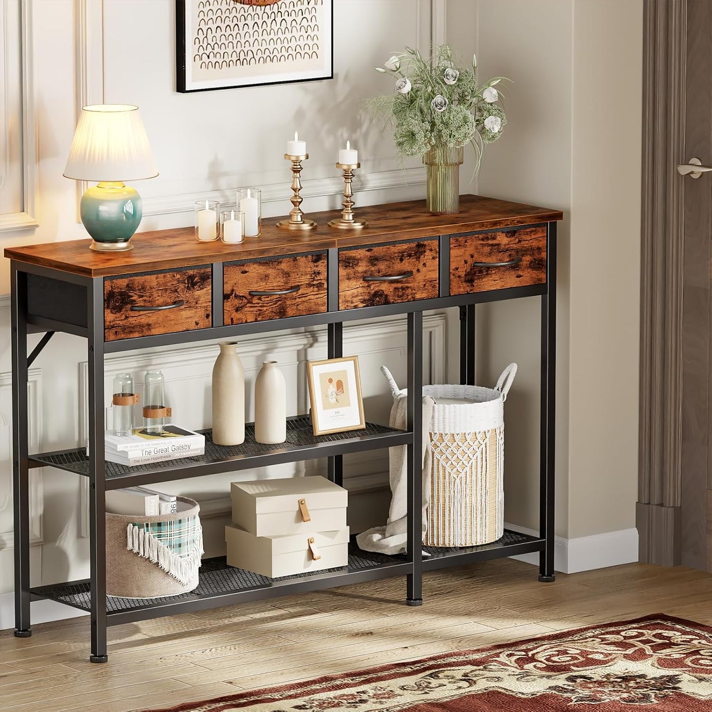 47-Inch Industrial Entryway Console Table with Four Fabric Drawers and Metal Mesh Shelf, Rustic Brown Wooden Top and Sturdy Metal Frame