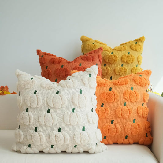 Fall Pillow Covers Pack of 4 Pumpkin Throw Pillowcases Faux Fur Couch Cushion Orange 18 X 18 Inch