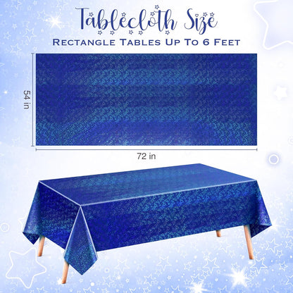 Set of 2 Royal Blue Holographic Laser Tablecloths with Sparkling Star Design, 54 x 72 Disposable Shiny Table Covers for Birthday Parties, Weddings, Anniversaries, and Bachelorette Celebrations